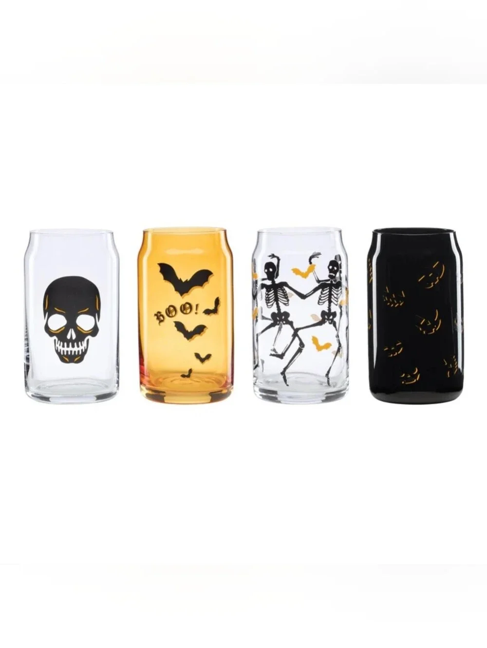Oneida Vintro Halloween Glass Tumbler Set 4 Clear Black Skull Bat Skeleton NEW